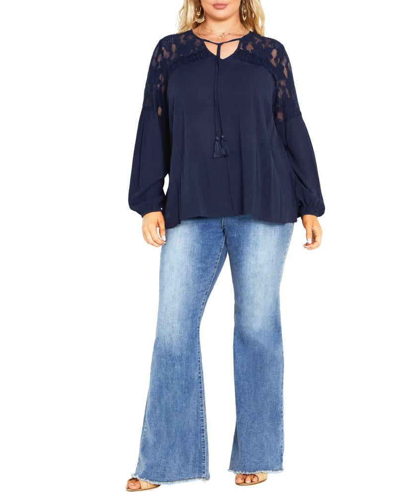 Front of a model wearing a size 18 TOP MARCIA LACE in Navy by avenue. | dia_product_style_image_id:318104